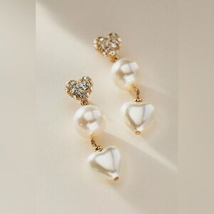 ettika Gold Crystal Heart & White Pearl Drop Earrings